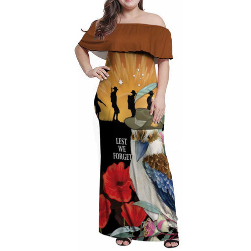 Australia Kookaburra ANZAC Day Family Matching Off Shoulder Maxi Dress and Hawaiian Shirt Rising Sun 25th April Poppy Eucalyptus Blossoms