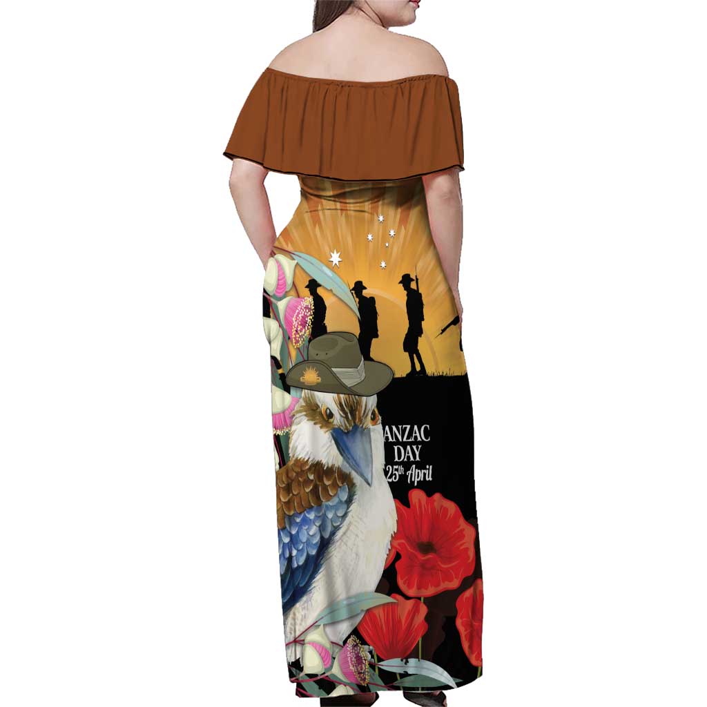 Australia Kookaburra ANZAC Day Family Matching Off Shoulder Maxi Dress and Hawaiian Shirt Rising Sun 25th April Poppy Eucalyptus Blossoms