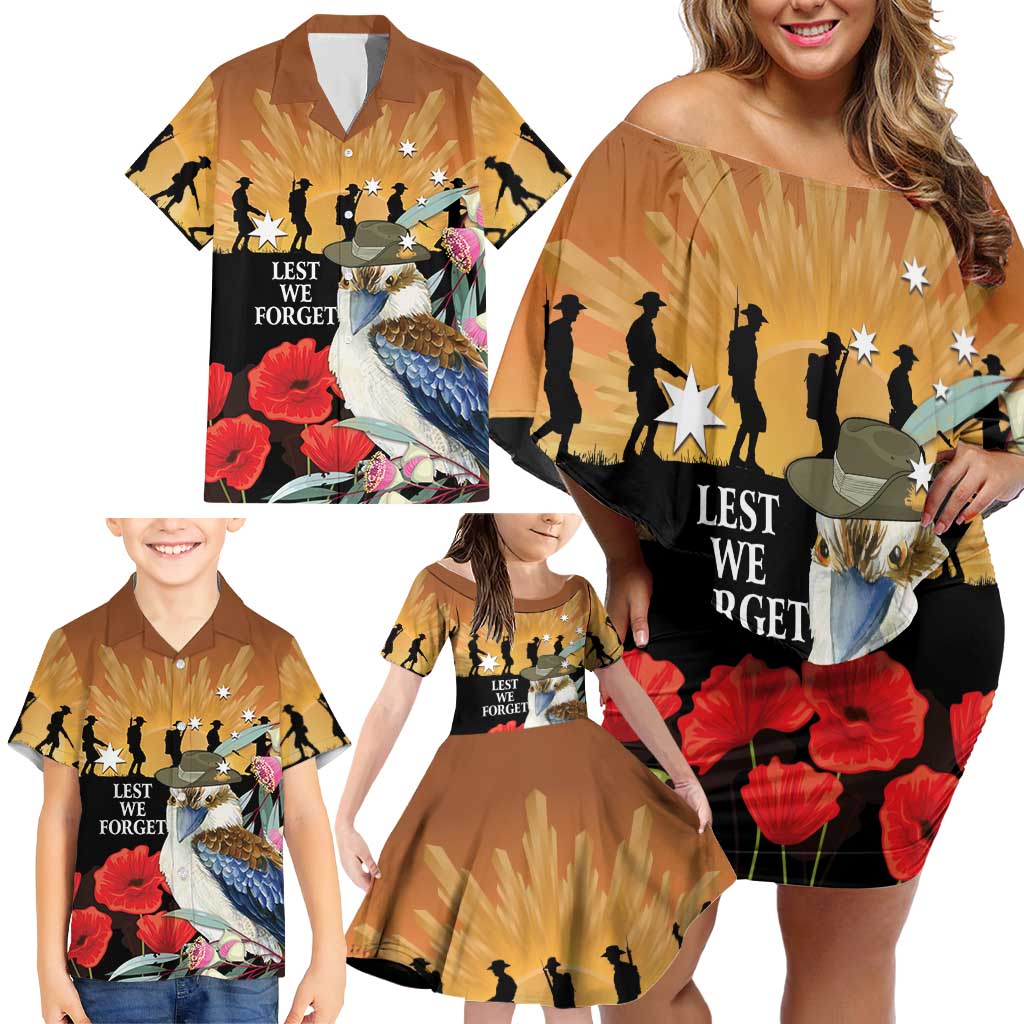 Australia Kookaburra ANZAC Day Family Matching Off Shoulder Short Dress and Hawaiian Shirt Rising Sun 25th April Poppy Eucalyptus Blossoms
