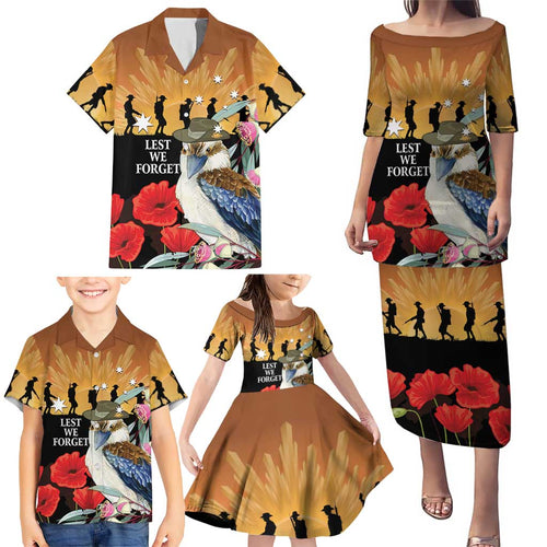 Australia Kookaburra ANZAC Day Family Matching Puletasi and Hawaiian Shirt Rising Sun 25th April Poppy Eucalyptus Blossoms