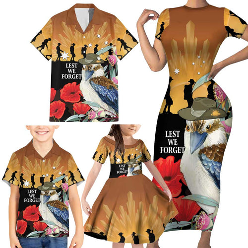 Australia Kookaburra ANZAC Day Family Matching Short Sleeve Bodycon Dress and Hawaiian Shirt Rising Sun 25th April Poppy Eucalyptus Blossoms