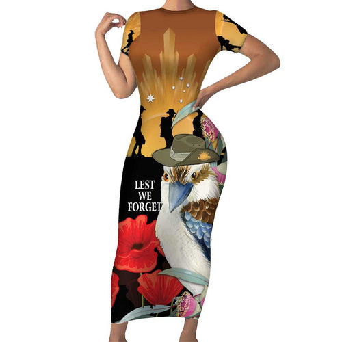 Australia Kookaburra ANZAC Day Family Matching Short Sleeve Bodycon Dress and Hawaiian Shirt Rising Sun 25th April Poppy Eucalyptus Blossoms