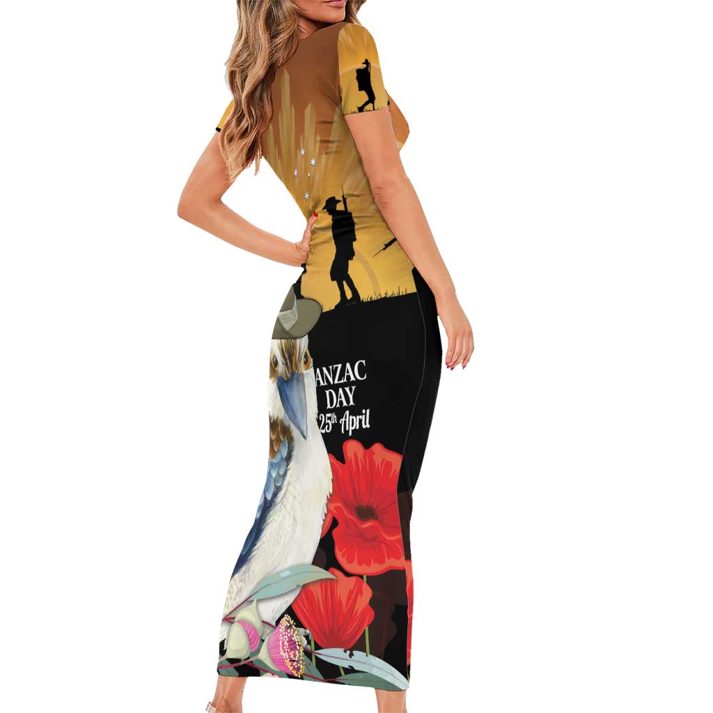 Australia Kookaburra ANZAC Day Family Matching Short Sleeve Bodycon Dress and Hawaiian Shirt Rising Sun 25th April Poppy Eucalyptus Blossoms