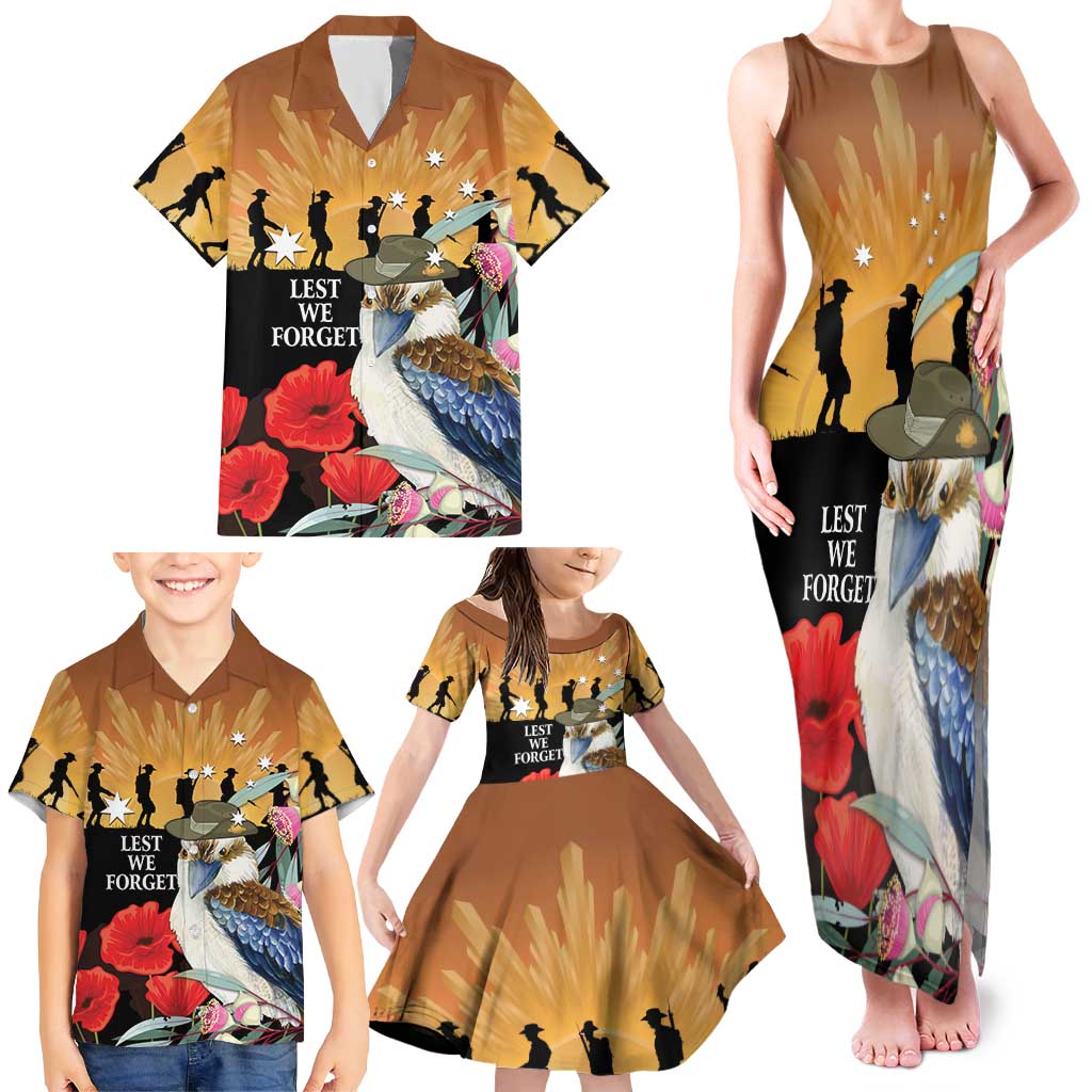 Australia Kookaburra ANZAC Day Family Matching Tank Maxi Dress and Hawaiian Shirt Rising Sun 25th April Poppy Eucalyptus Blossoms
