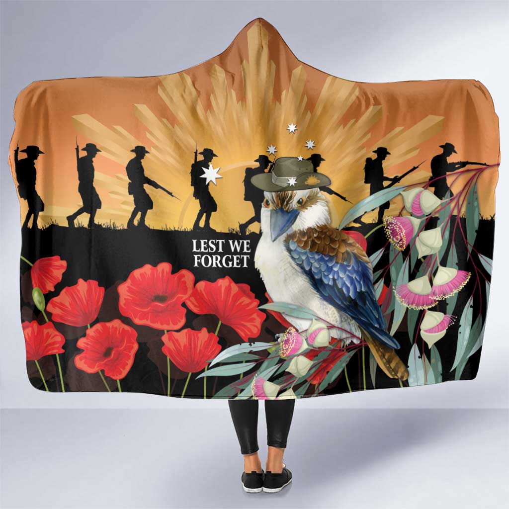 Australia Kookaburra ANZAC Day Hooded Blanket Rising Sun 25th April Poppy Eucalyptus Blossoms - Aussie Hoodie