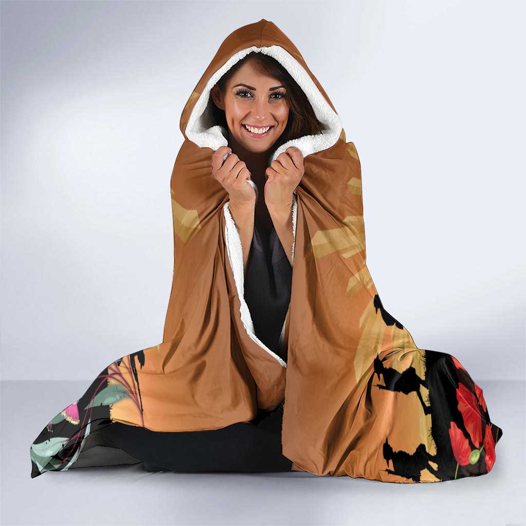 Australia Kookaburra ANZAC Day Hooded Blanket Rising Sun 25th April Poppy Eucalyptus Blossoms - Aussie Hoodie