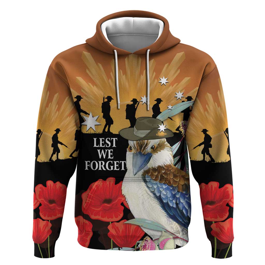 Australia Kookaburra ANZAC Day Hoodie Rising Sun 25th April Poppy Eucalyptus Blossoms - Aussie Hoodie