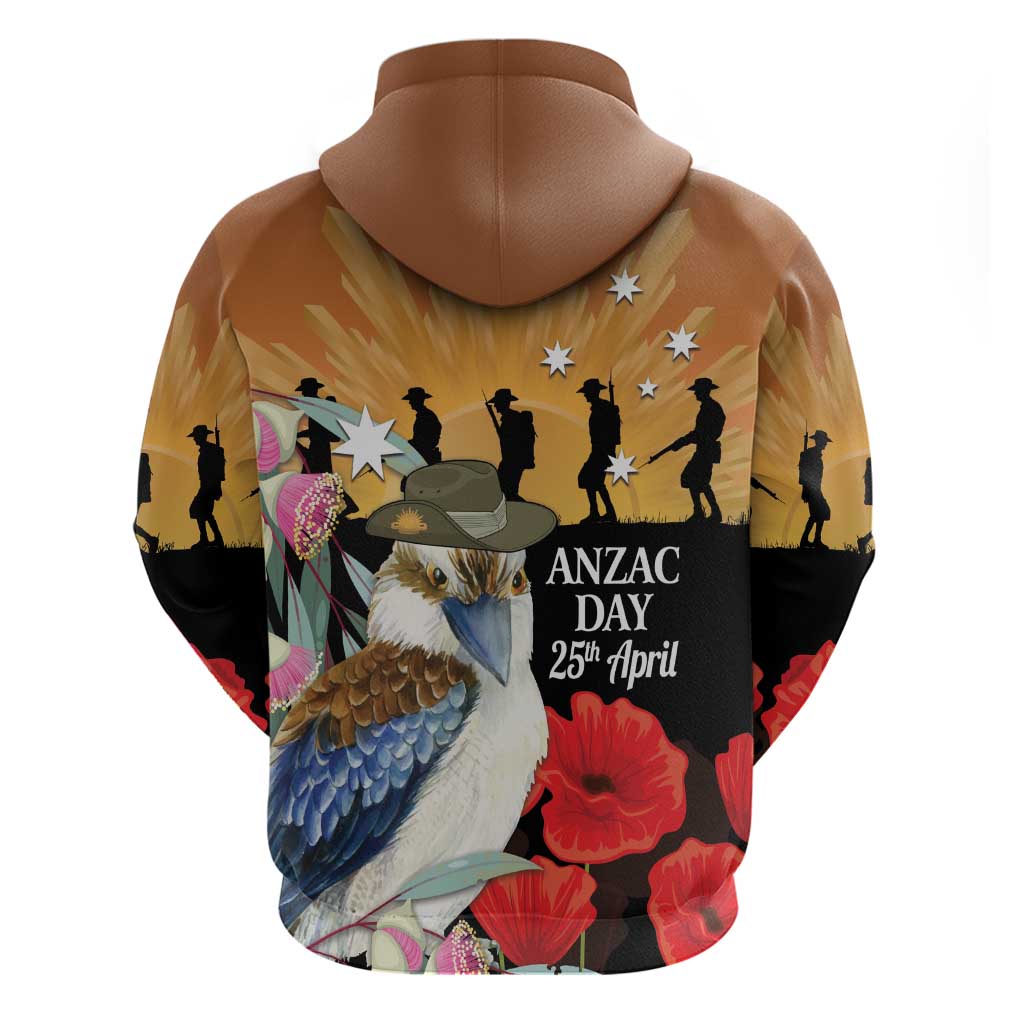 Australia Kookaburra ANZAC Day Hoodie Rising Sun 25th April Poppy Eucalyptus Blossoms - Aussie Hoodie