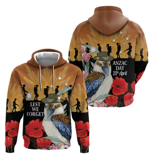 Australia Kookaburra ANZAC Day Hoodie Rising Sun 25th April Poppy Eucalyptus Blossoms - Aussie Hoodie