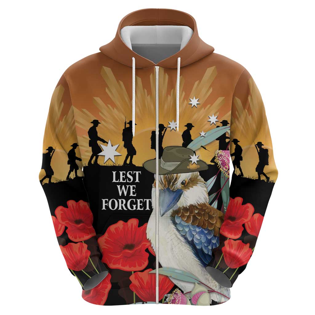 Australia Kookaburra ANZAC Day Hoodie Rising Sun 25th April Poppy Eucalyptus Blossoms - Aussie Hoodie