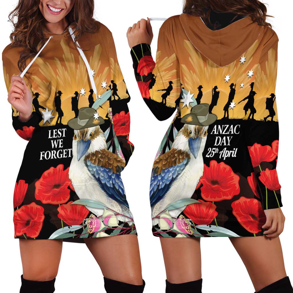 Australia Kookaburra ANZAC Day Hoodie Dress Rising Sun 25th April Poppy Eucalyptus Blossoms - Aussie Hoodie