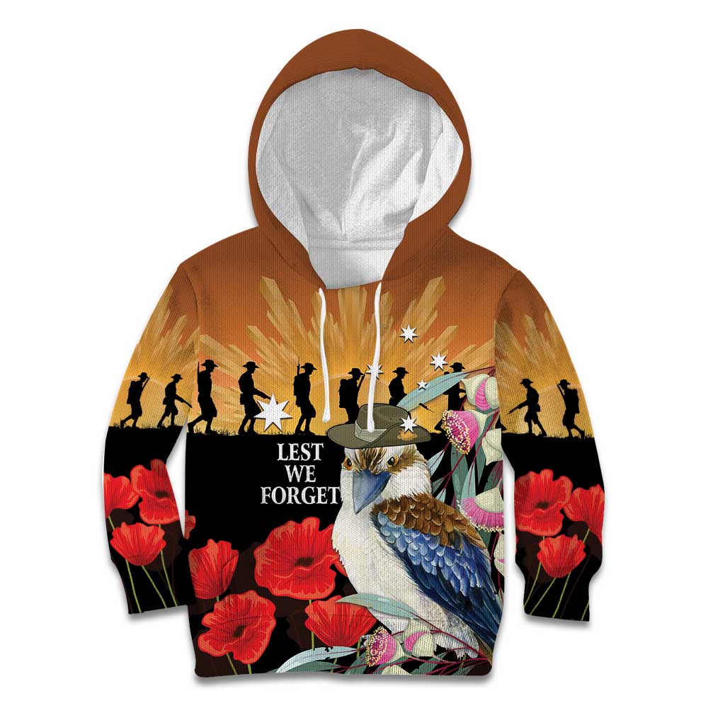 Australia Kookaburra ANZAC Day Kid Hoodie Rising Sun 25th April Poppy Eucalyptus Blossoms - Aussie Hoodie