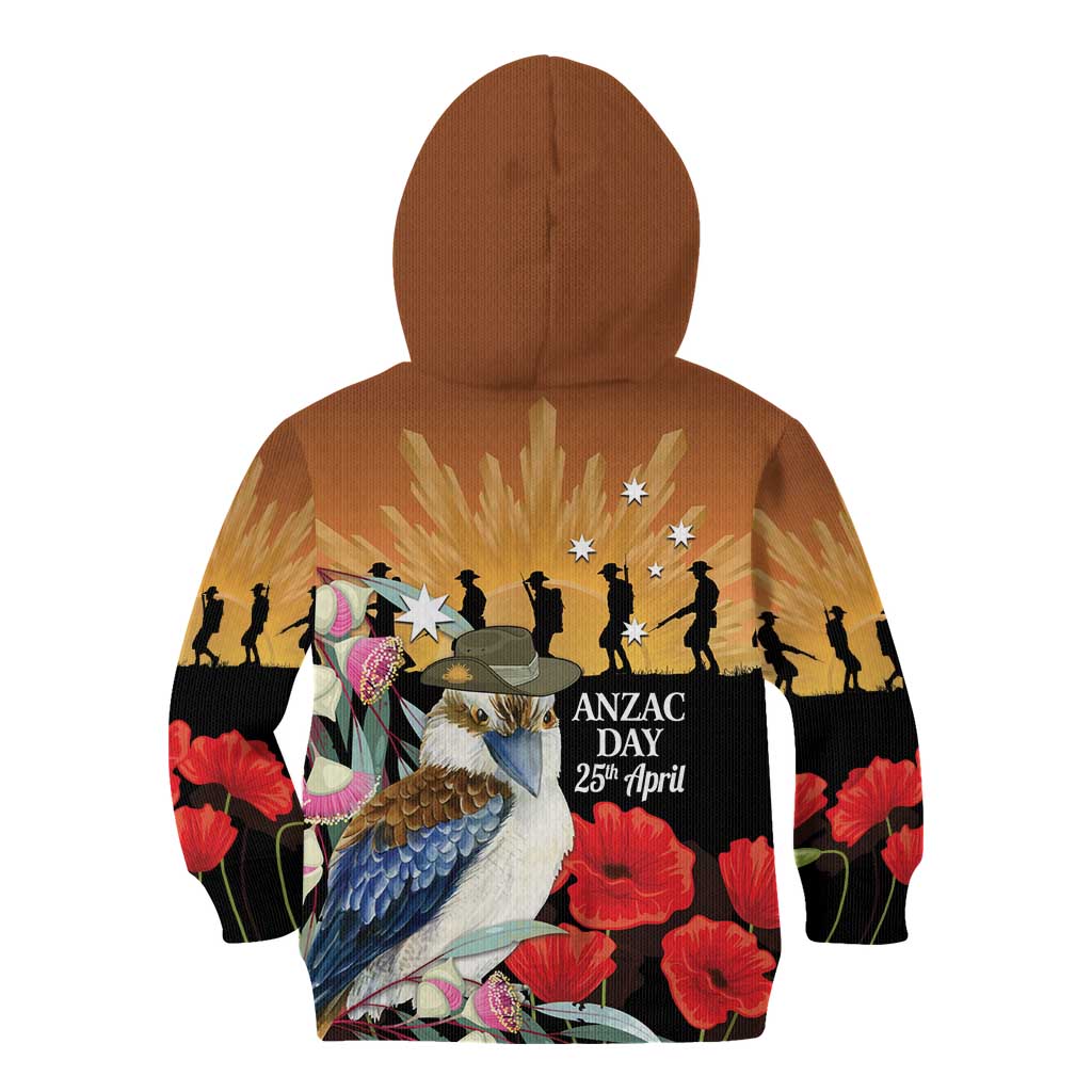 Australia Kookaburra ANZAC Day Kid Hoodie Rising Sun 25th April Poppy Eucalyptus Blossoms - Aussie Hoodie