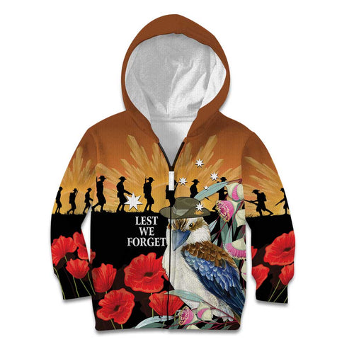 Australia Kookaburra ANZAC Day Kid Hoodie Rising Sun 25th April Poppy Eucalyptus Blossoms - Aussie Hoodie
