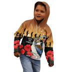 Australia Kookaburra ANZAC Day Kid Hoodie Rising Sun 25th April Poppy Eucalyptus Blossoms - Aussie Hoodie