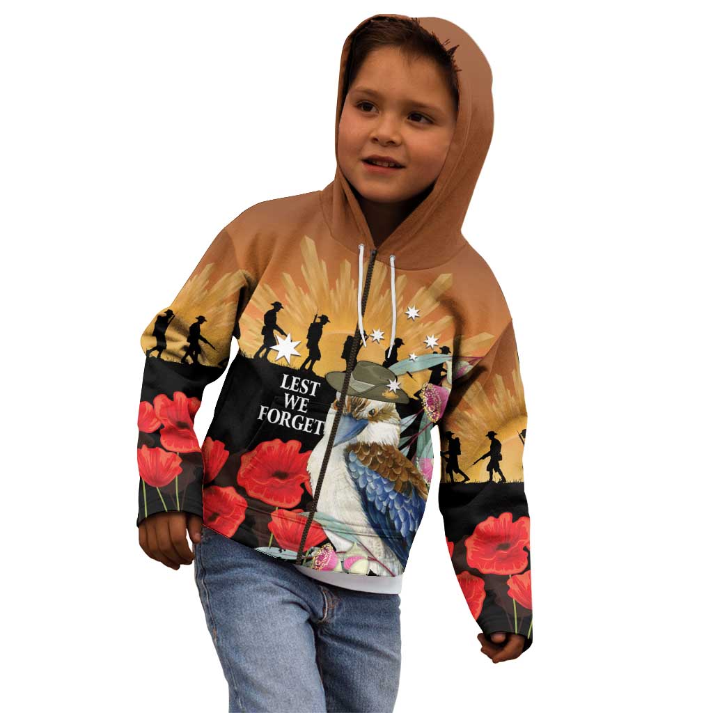 Australia Kookaburra ANZAC Day Kid Hoodie Rising Sun 25th April Poppy Eucalyptus Blossoms - Aussie Hoodie