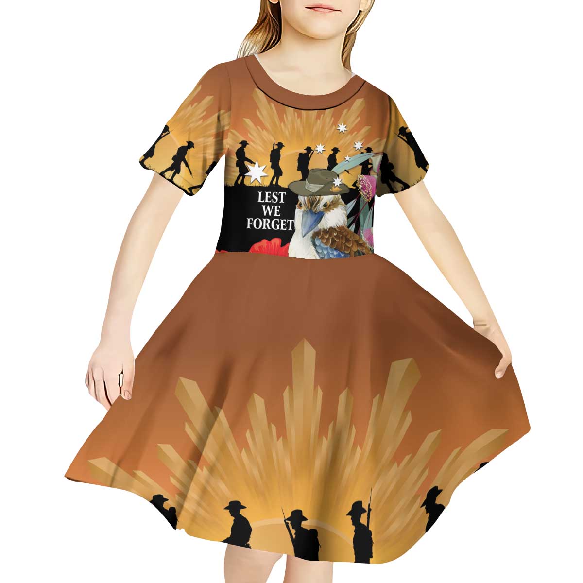 Australia Kookaburra ANZAC Day Kid Short Sleeve Dress Rising Sun 25th April Poppy Eucalyptus Blossoms - Aussie Hoodie