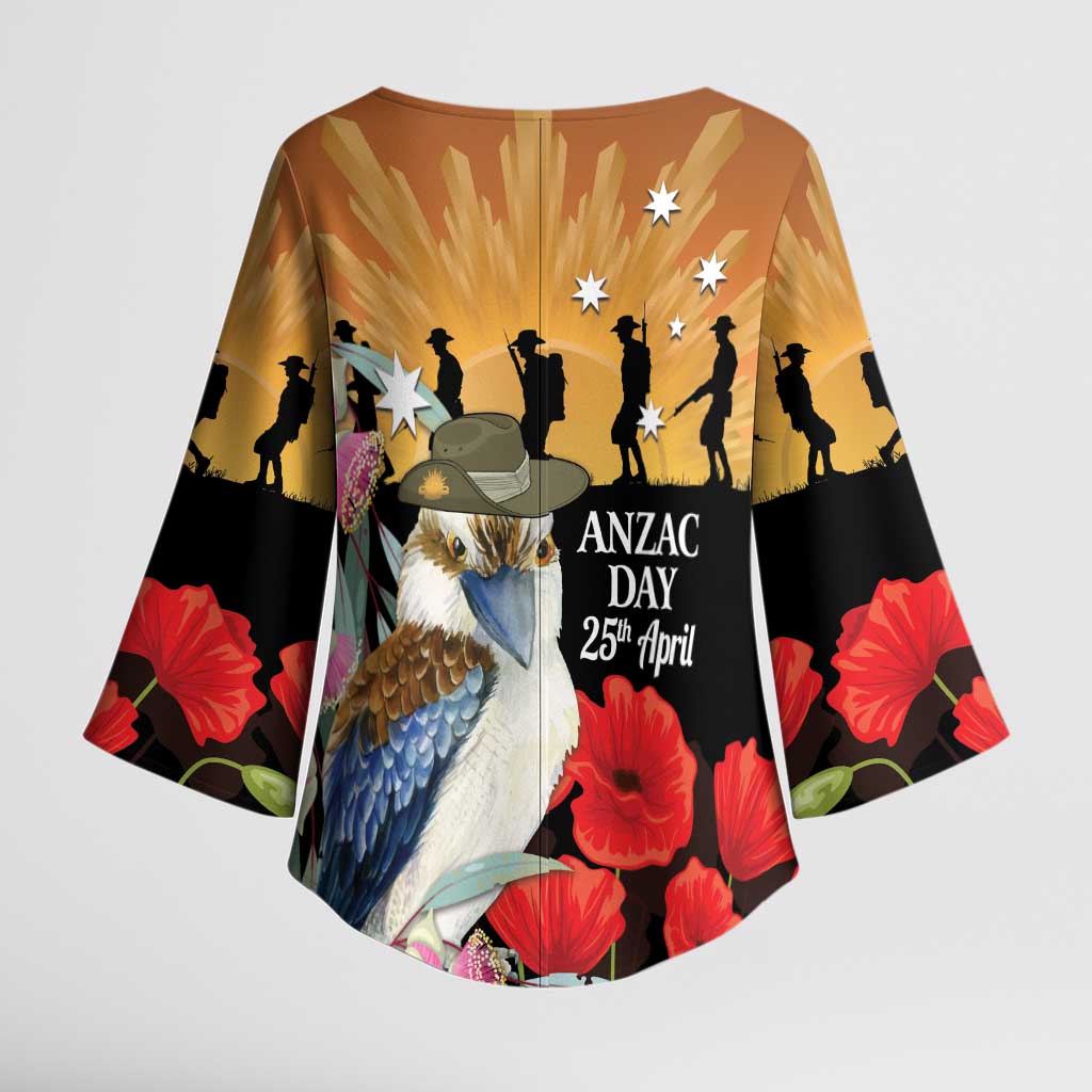 Australia Kookaburra ANZAC Day Kimono Sleeve Blouse Rising Sun 25th April Poppy Eucalyptus Blossoms - Aussie Hoodie