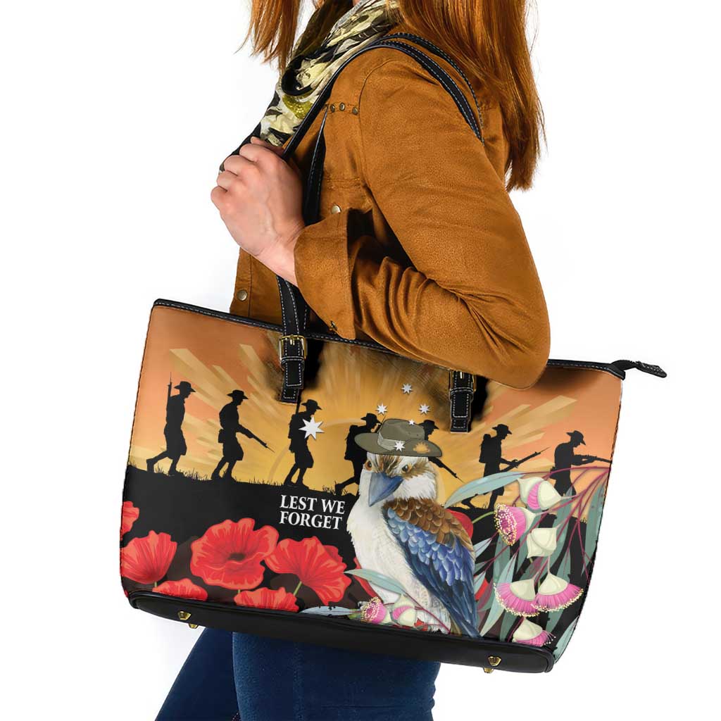 Australia Kookaburra ANZAC Day Leather Tote Bag Rising Sun 25th April Poppy Eucalyptus Blossoms - Aussie Hoodie