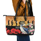 Australia Kookaburra ANZAC Day Leather Tote Bag Rising Sun 25th April Poppy Eucalyptus Blossoms - Aussie Hoodie