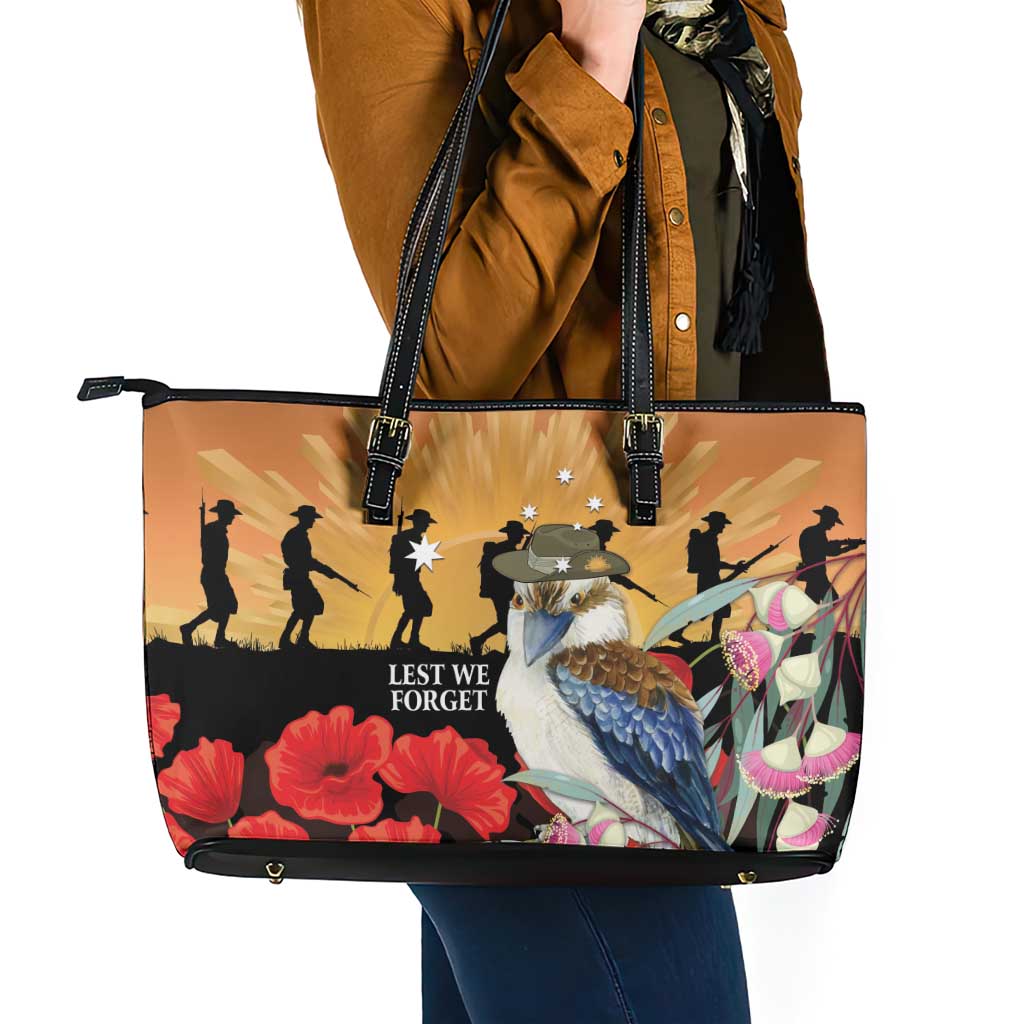 Australia Kookaburra ANZAC Day Leather Tote Bag Rising Sun 25th April Poppy Eucalyptus Blossoms - Aussie Hoodie