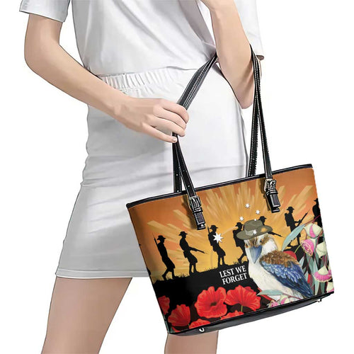 Australia Kookaburra ANZAC Day Leather Tote Bag Rising Sun 25th April Poppy Eucalyptus Blossoms - Aussie Hoodie