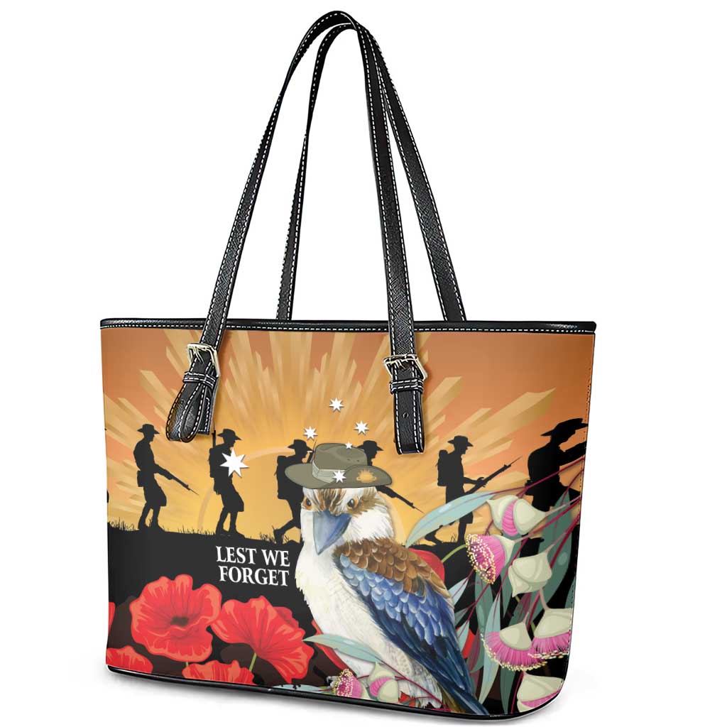 Australia Kookaburra ANZAC Day Leather Tote Bag Rising Sun 25th April Poppy Eucalyptus Blossoms - Aussie Hoodie