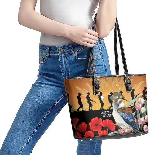 Australia Kookaburra ANZAC Day Leather Tote Bag Rising Sun 25th April Poppy Eucalyptus Blossoms - Aussie Hoodie