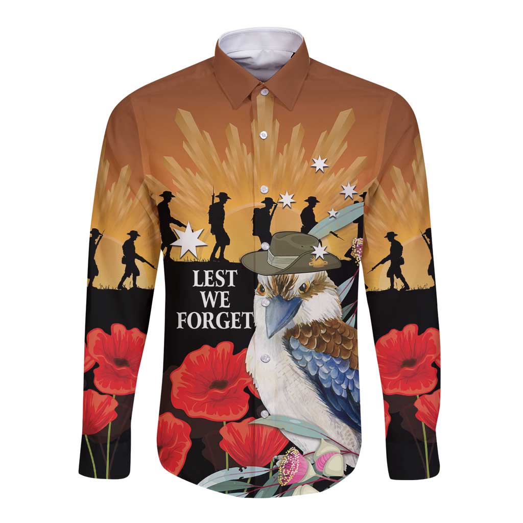 Australia Kookaburra ANZAC Day Long Sleeve Button Shirt Rising Sun 25th April Poppy Eucalyptus Blossoms - Aussie Hoodie