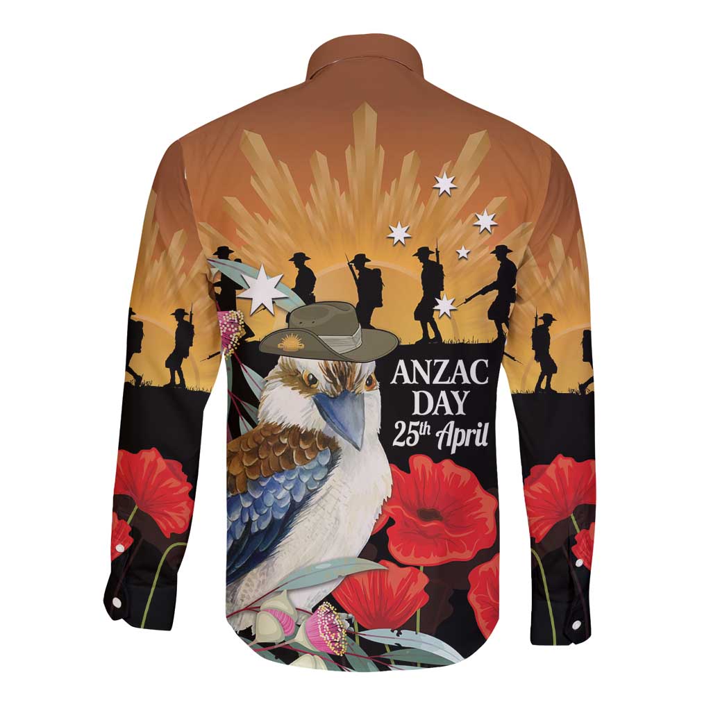 Australia Kookaburra ANZAC Day Long Sleeve Button Shirt Rising Sun 25th April Poppy Eucalyptus Blossoms - Aussie Hoodie
