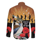 Australia Kookaburra ANZAC Day Long Sleeve Button Shirt Rising Sun 25th April Poppy Eucalyptus Blossoms - Aussie Hoodie