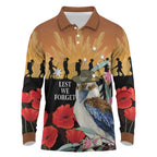 Australia Kookaburra ANZAC Day Long Sleeve Polo Shirt Rising Sun 25th April Poppy Eucalyptus Blossoms - Aussie Hoodie