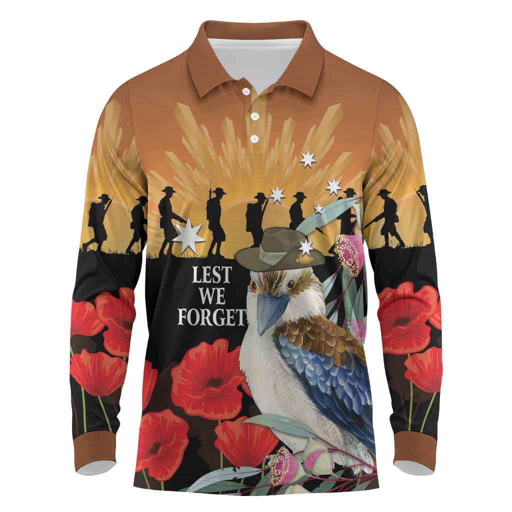 Australia Kookaburra ANZAC Day Long Sleeve Polo Shirt Rising Sun 25th April Poppy Eucalyptus Blossoms - Aussie Hoodie