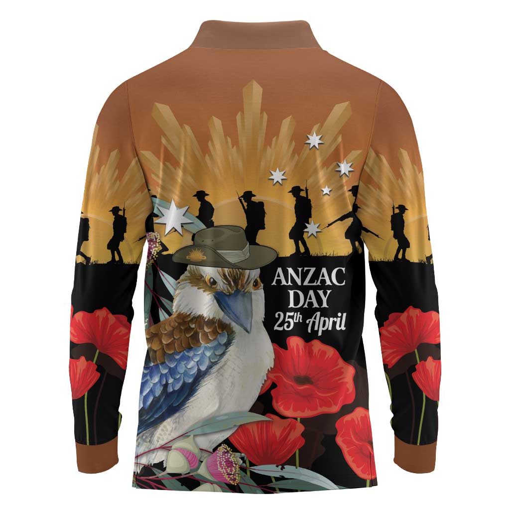 Australia Kookaburra ANZAC Day Long Sleeve Polo Shirt Rising Sun 25th April Poppy Eucalyptus Blossoms - Aussie Hoodie