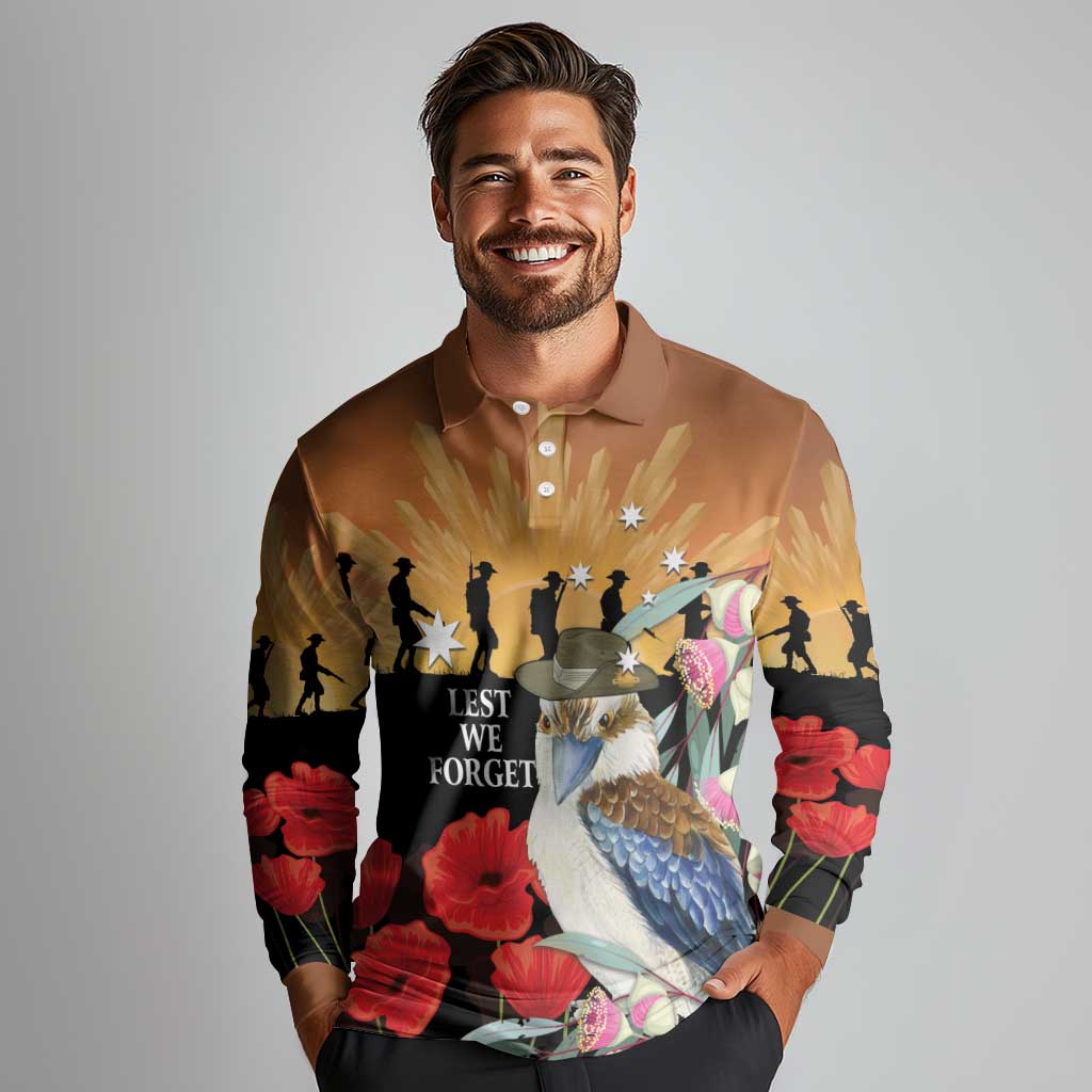 Australia Kookaburra ANZAC Day Long Sleeve Polo Shirt Rising Sun 25th April Poppy Eucalyptus Blossoms - Aussie Hoodie