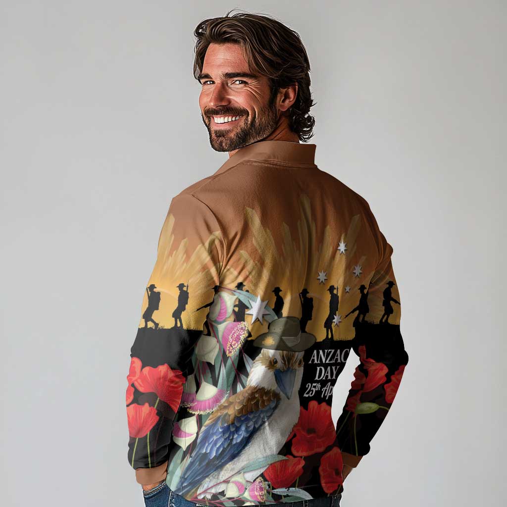 Australia Kookaburra ANZAC Day Long Sleeve Polo Shirt Rising Sun 25th April Poppy Eucalyptus Blossoms - Aussie Hoodie