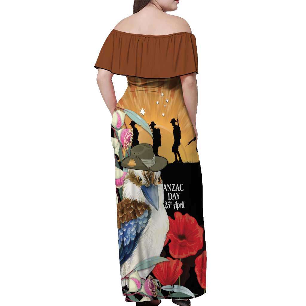 Australia Kookaburra ANZAC Day Off Shoulder Maxi Dress Rising Sun 25th April Poppy Eucalyptus Blossoms - Aussie Hoodie