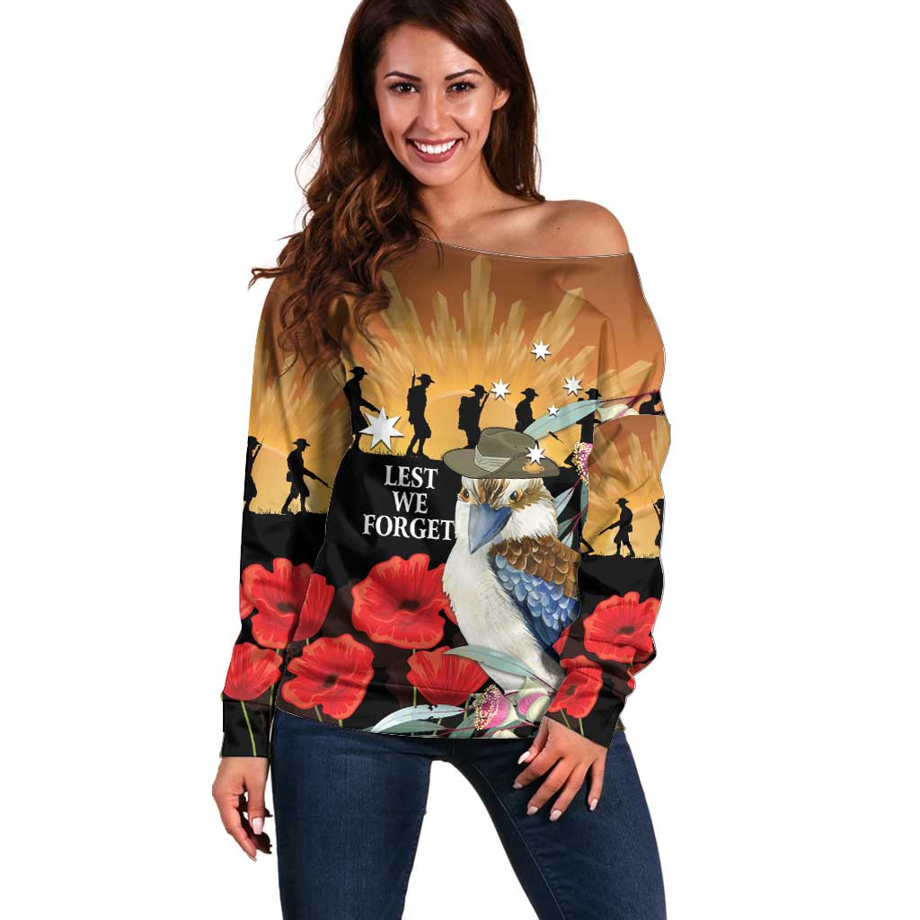 Australia Kookaburra ANZAC Day Off Shoulder Sweater Rising Sun 25th April Poppy Eucalyptus Blossoms - Aussie Hoodie