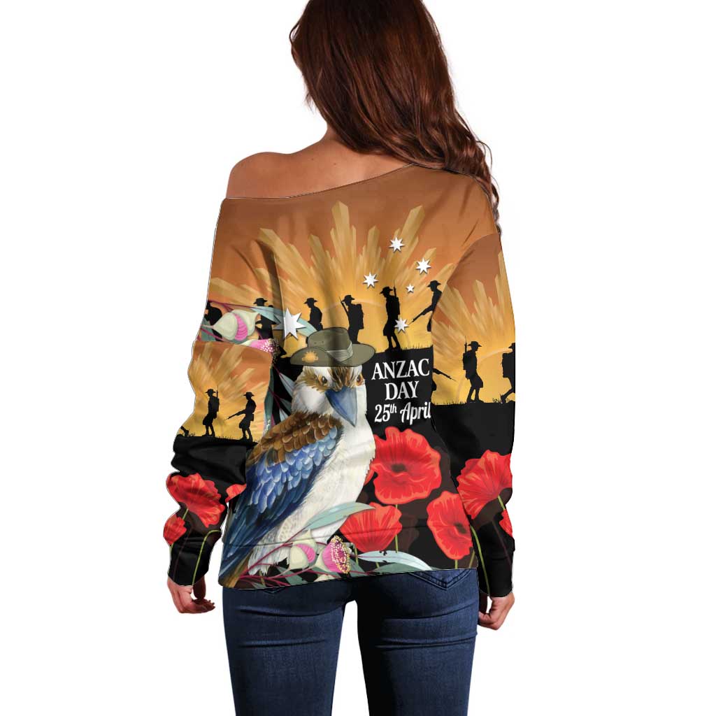 Australia Kookaburra ANZAC Day Off Shoulder Sweater Rising Sun 25th April Poppy Eucalyptus Blossoms - Aussie Hoodie