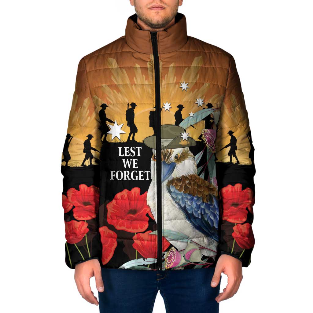 Australia Kookaburra ANZAC Day Padded Jacket Rising Sun 25th April Poppy Eucalyptus Blossoms - Aussie Hoodie
