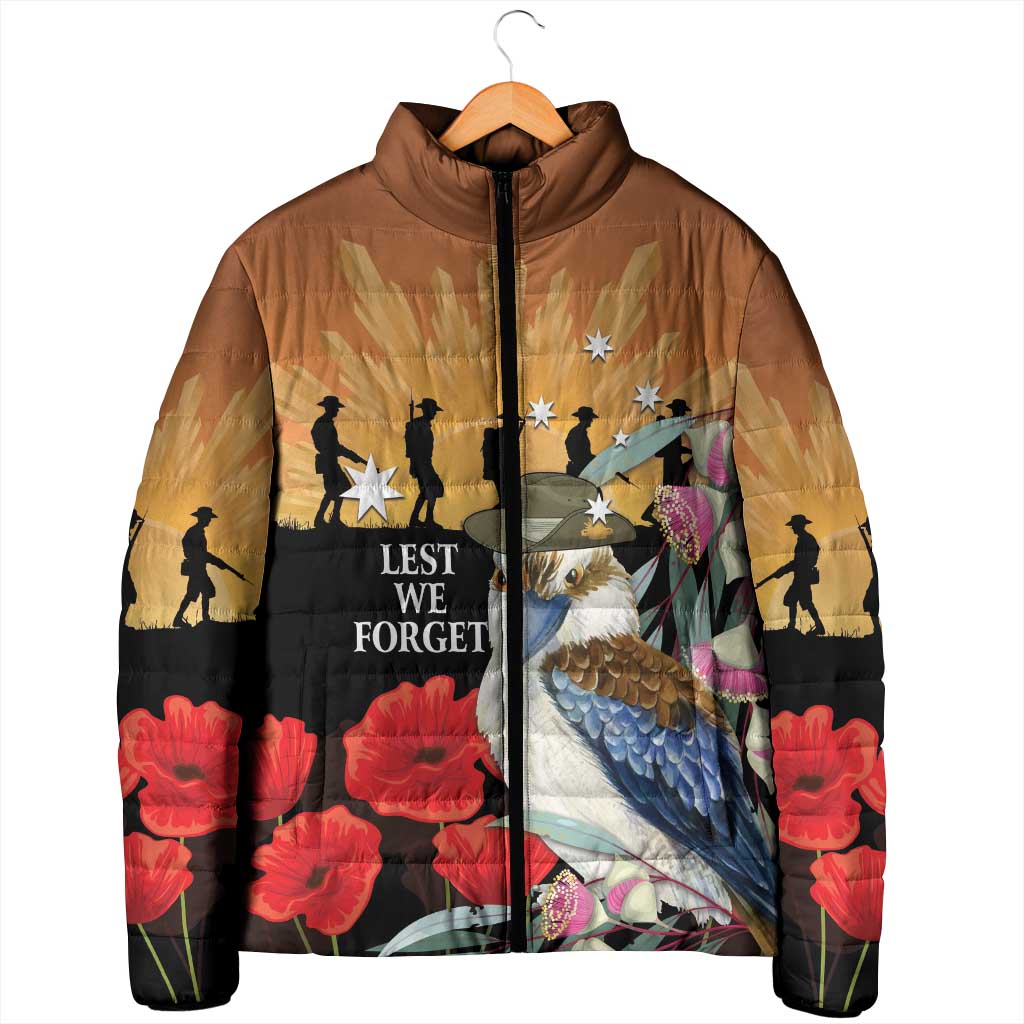 Australia Kookaburra ANZAC Day Padded Jacket Rising Sun 25th April Poppy Eucalyptus Blossoms - Aussie Hoodie