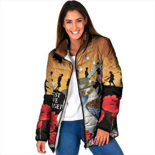 Australia Kookaburra ANZAC Day Padded Jacket Rising Sun 25th April Poppy Eucalyptus Blossoms - Aussie Hoodie