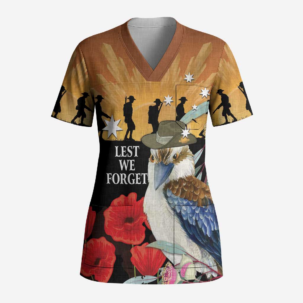 Australia Kookaburra ANZAC Day Scrub Top Rising Sun 25th April Poppy Eucalyptus Blossoms - Aussie Hoodie