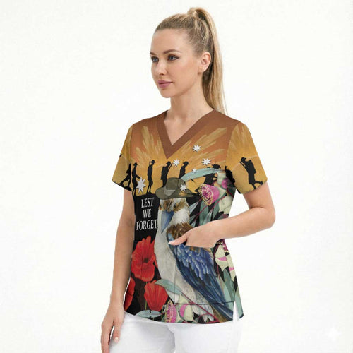 Australia Kookaburra ANZAC Day Scrub Top Rising Sun 25th April Poppy Eucalyptus Blossoms - Aussie Hoodie
