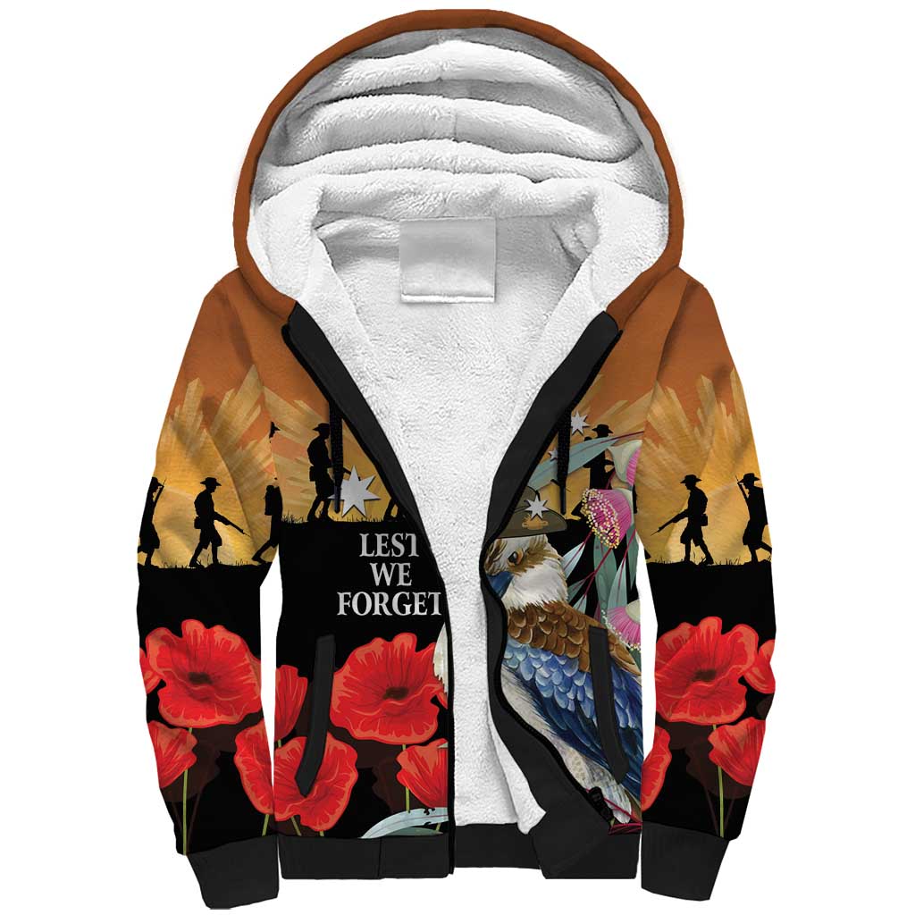 Australia Kookaburra ANZAC Day Sherpa Hoodie Rising Sun 25th April Poppy Eucalyptus Blossoms - Aussie Hoodie