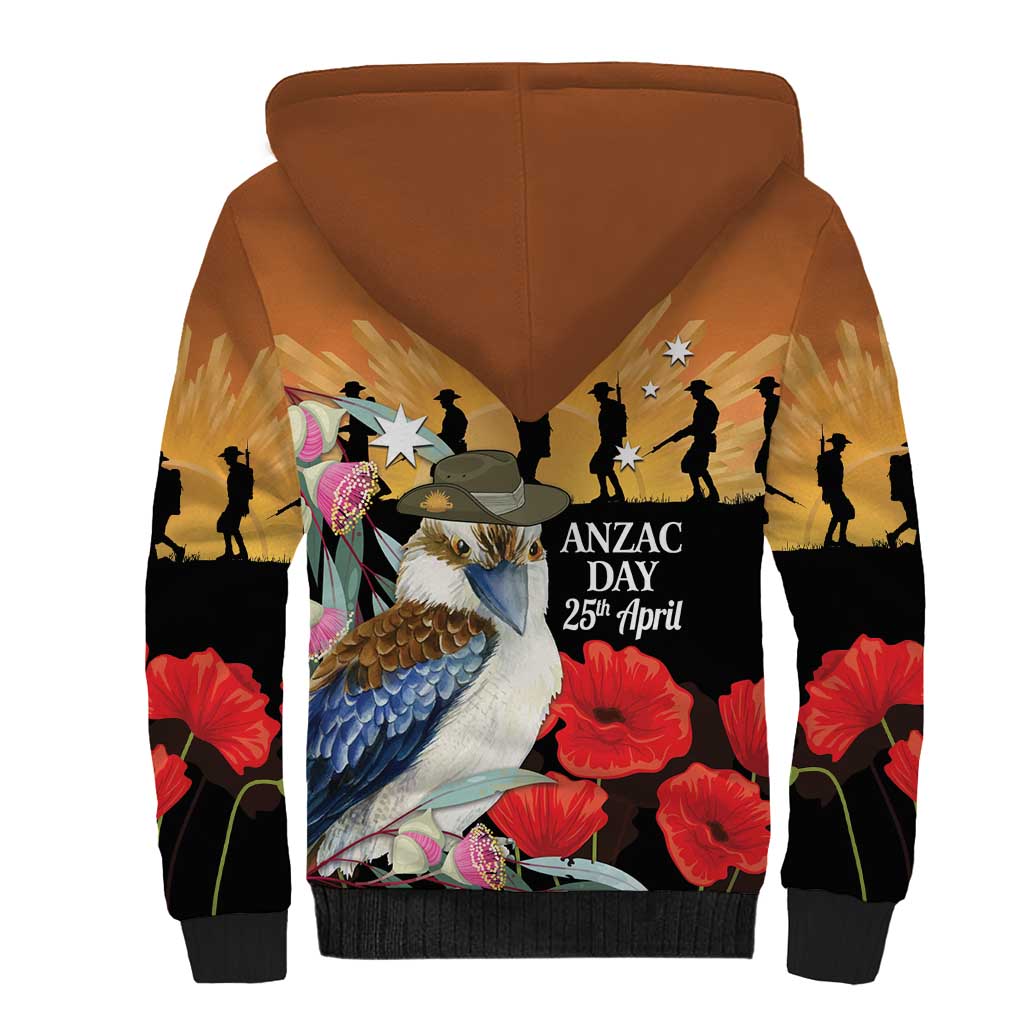 Australia Kookaburra ANZAC Day Sherpa Hoodie Rising Sun 25th April Poppy Eucalyptus Blossoms - Aussie Hoodie