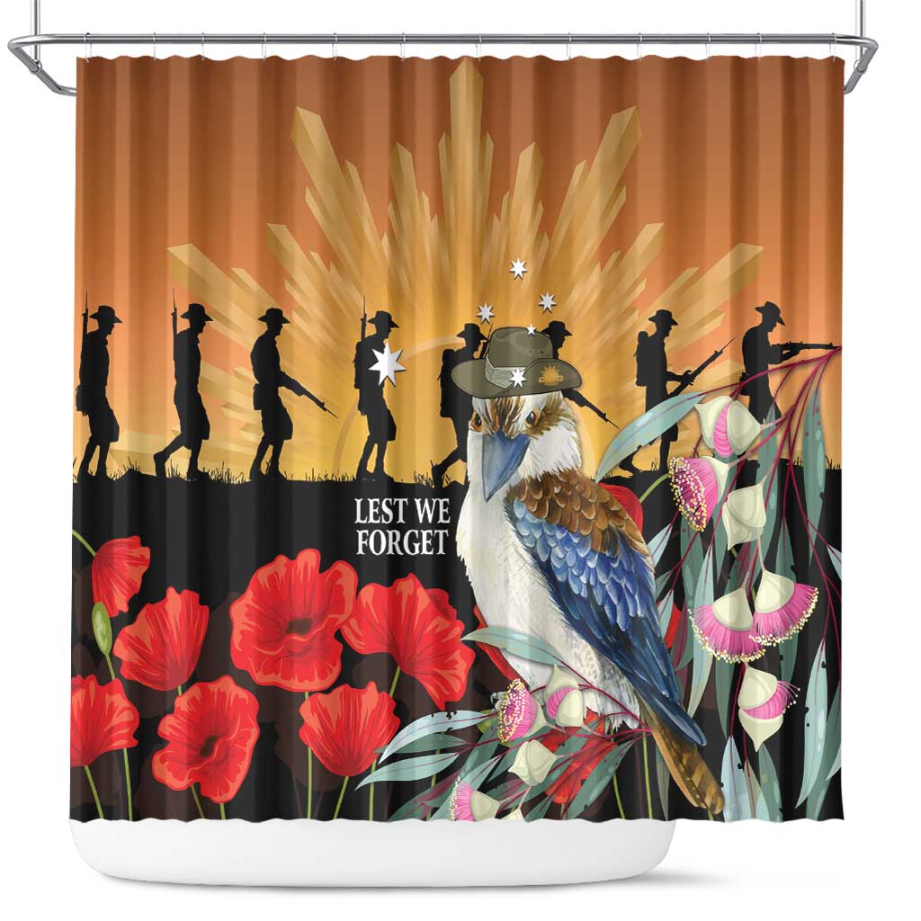 Australia Kookaburra ANZAC Day Shower Curtain Rising Sun 25th April Poppy Eucalyptus Blossoms - Aussie Hoodie