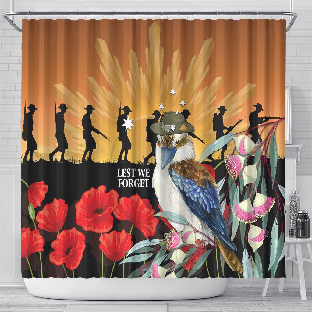 Australia Kookaburra ANZAC Day Shower Curtain Rising Sun 25th April Poppy Eucalyptus Blossoms - Aussie Hoodie