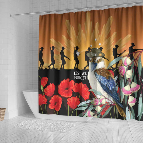 Australia Kookaburra ANZAC Day Shower Curtain Rising Sun 25th April Poppy Eucalyptus Blossoms - Aussie Hoodie