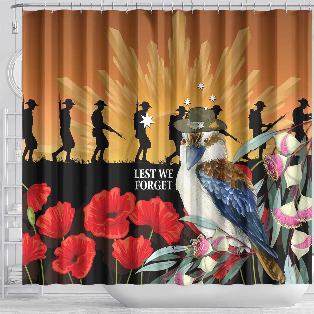 Australia Kookaburra ANZAC Day Shower Curtain Rising Sun 25th April Poppy Eucalyptus Blossoms - Aussie Hoodie
